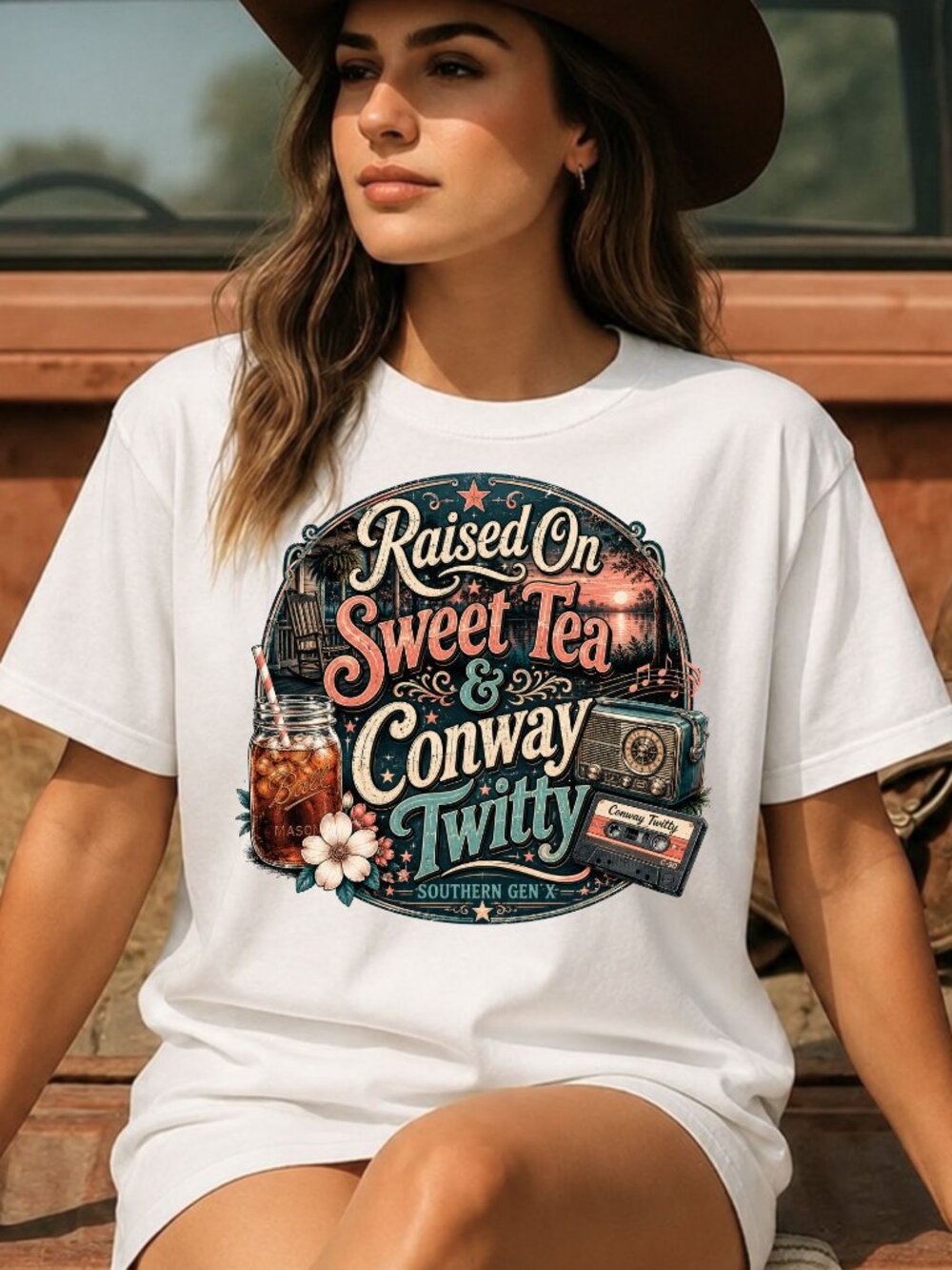 Raised On Sweet Tea Conway Twitty Graphic T-Shirt Womens Country Western Tee